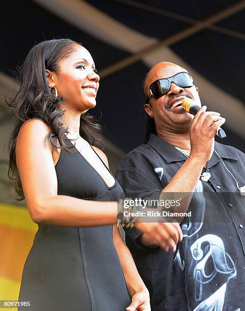 Father and Daughter Aisha Morris and Musician Stevie Wonder on Day 5 at The 39th Annual New Orleans Jazz & Heritage Festival Presented by Shell, Held...