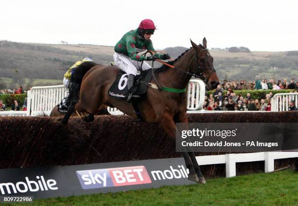 Calgary Bay ridden by Dominic Elsworth clears the last to win The Bet With Your Mobile At Victor Chandler Chase at Cheltenham Racecourse, Cheltenham.