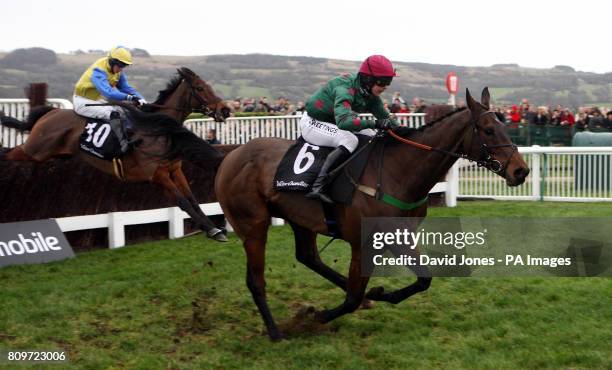 Calgary Bay ridden by Dominic Elsworth clears the last to win The Bet With Your Mobile At Victor Chandler Chase at Cheltenham Racecourse, Cheltenham.