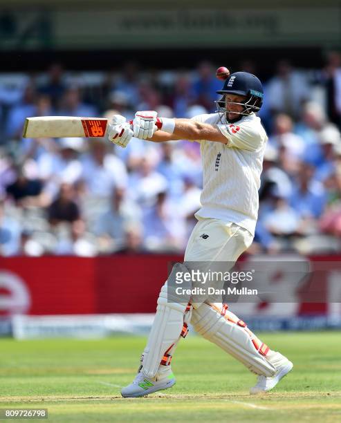 Joe Root of England is hit on the helmet during day one of the 1st Investec Test Match between England and South Africa at Lord's Cricket Ground on...