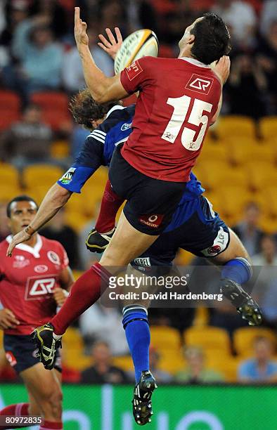 Clinton Schifcofske of the Reds jumps for the ball during the round 12 Super 14 match between the Queensland Reds and the Blues at Suncorp Stadium on...