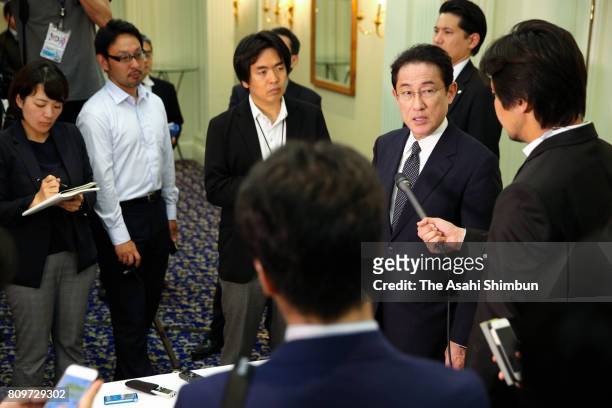 Foreign Minister Fumio Kishida reads a statement after his telephone talk with the U.S. Secretary of States Rex Tillerson on the North Korea's...