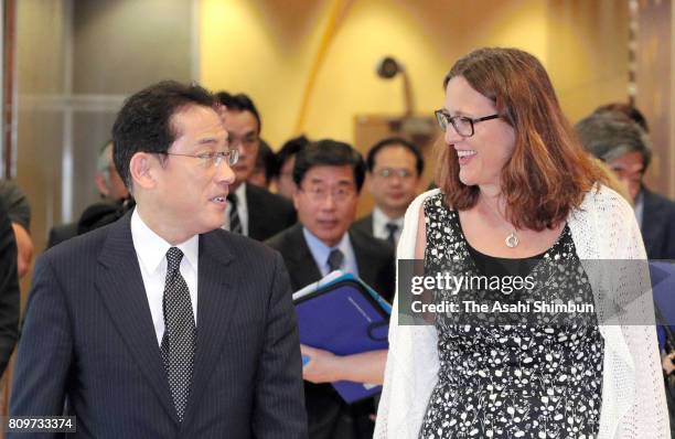 Foreign Minister Fumio Kishida and European Commissioner for Trade Cecilia Malmstrom are seen prior to their meeting on July 5, 2017 in Brussels,...