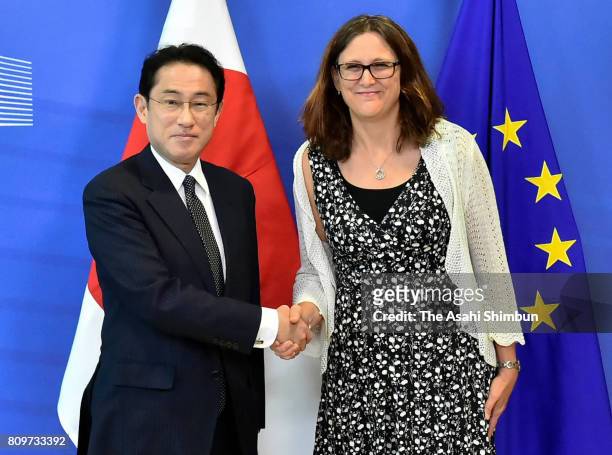 Foreign Minister Fumio Kishida and European Commissioner for Trade Cecilia Malmstrom shake hands prior to their meeting on July 5, 2017 in Brussels,...