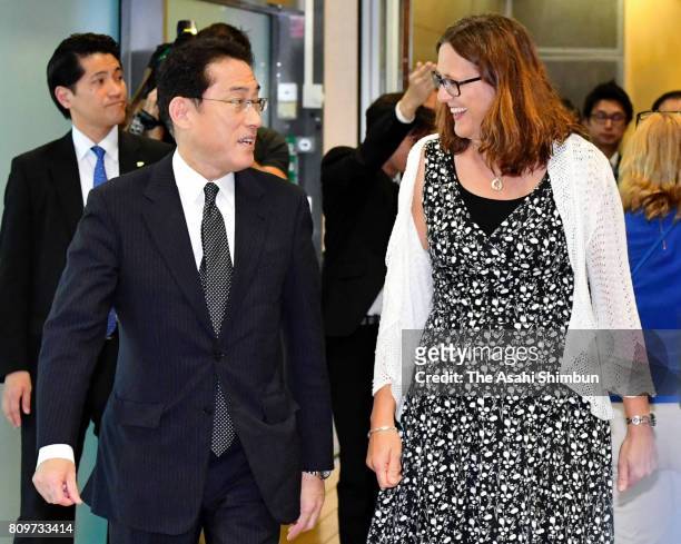 Foreign Minister Fumio Kishida and European Commissioner for Trade Cecilia Malmstrom are seen prior to their meeting on July 5, 2017 in Brussels,...