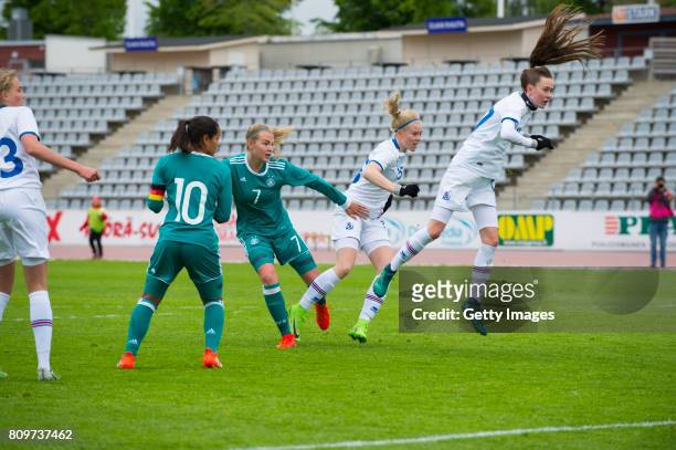 Laura Haas of Germany scores their third goal during the Nordic Cup 2017 match between U16 Girl's Germany and U16 Girl's Iceland on July 6, 2017 in...