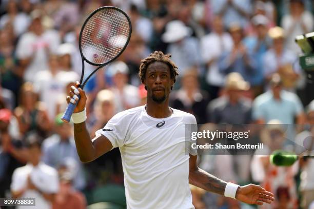 Gael Monfils of France celebrates victory after his Gentlemen's Singles second round match against Kyle Edmund of Great Britain on day four of the...