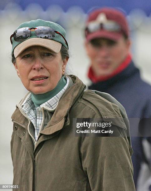 Princess Anne Princess Royal and her son Peter Phillips watch the cross country during the Badminton Horse Trials on May 3, 2008 in Badminton,...