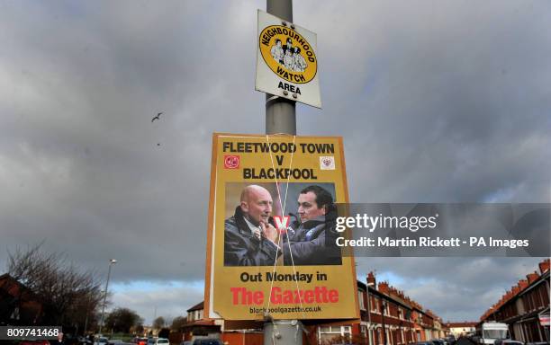 Poster near Fleetwoods Highbury Stadium before the FA Cup, Third Round match.