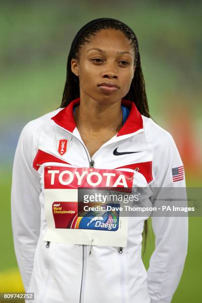 S Allyson Felix on the podium after winning the silver medal for the Women's 400m Final