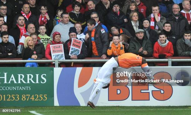Blackpool's Lomana LuaLua celebrates scoring his sides opening goal during the FA Cup, Third Round match at Highbury Stadium, Fleetwood.