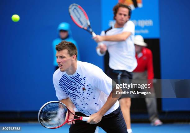 Doubles Partners Ken Skupski, Great Britain and Belgium's Xavier Malisse during their match against Italy's Daniele Bracciali and Potito Starace...