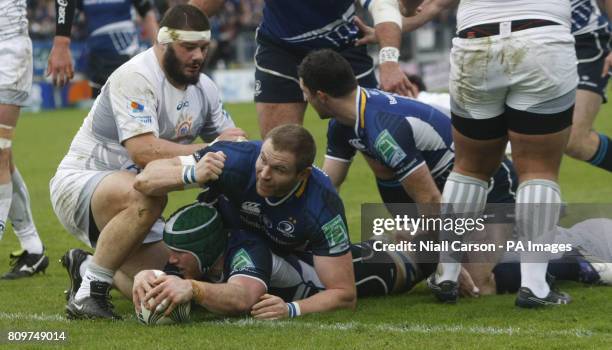 Leinster's Sean O'Brien scores a try against Montpellier during the Heineken Cup Pool three match at the RDS, Dublin, Ireland.