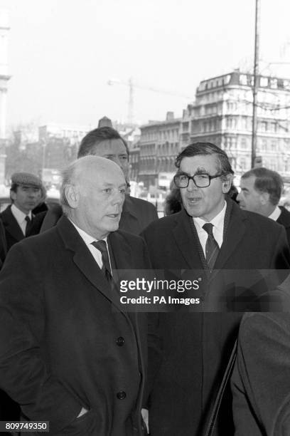 ** Lord Montagu of Beaulieu with Patrick Jenkin, MP, arriving at St Margaret's Church, Westminster for the memorial service to Martin Stevens, MP.