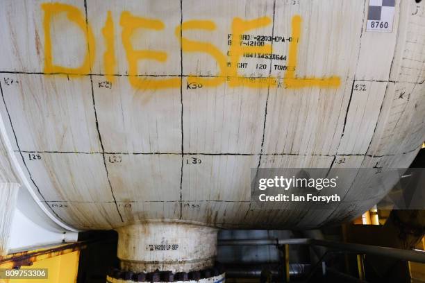 Diesel tank containing fuel is seen inside the decommissioned Brent Delta Topside oil platform at the Able UK site at Seaton Port on July 6, 2017 in...