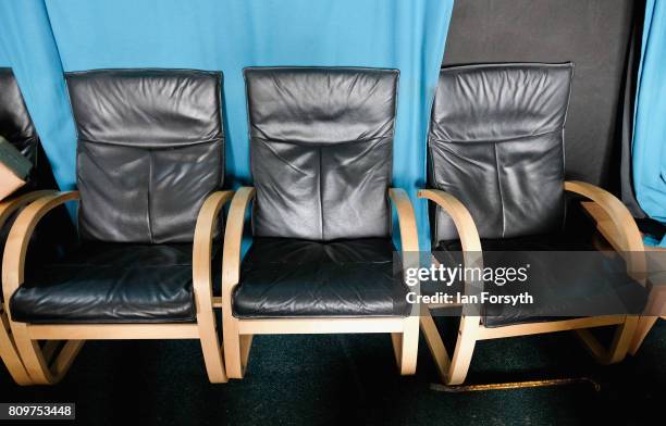 Leather chairs can be seen in the lounge inside the decommissioned Brent Delta Topside oil platform at the Able UK site at Seaton Port on July 6,...