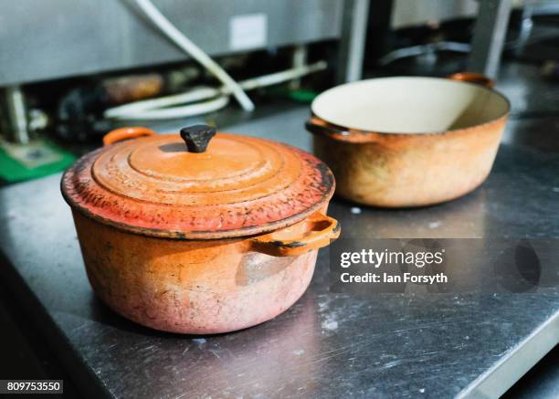 Cooking pots remain in the galley onboard the decommissioned Brent Delta Topside oil platform at the Able UK site at Seaton Port on July 6, 2017 in...