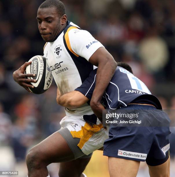 Miles Benjamin of Worcester is tackled during the Guinness Premiership game between Bristol and Worcester Warriors at The Memorial Stadium on May 3,...