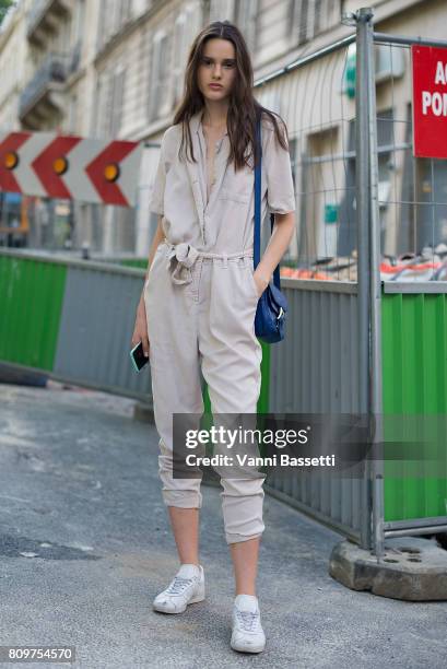 Model poses after the Valentino show at the Hotel Salomon de Rothschild during Paris Fashion Week Haute Couture FW 17/18 on July 5, 2017 in Paris,...