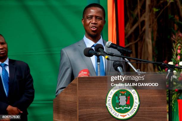 Zambian President Edgar Lungu gives a press briefing on July 6, 2017 at the Zambian State House in Lusaka. - Zambian President Edgar Lungu on...