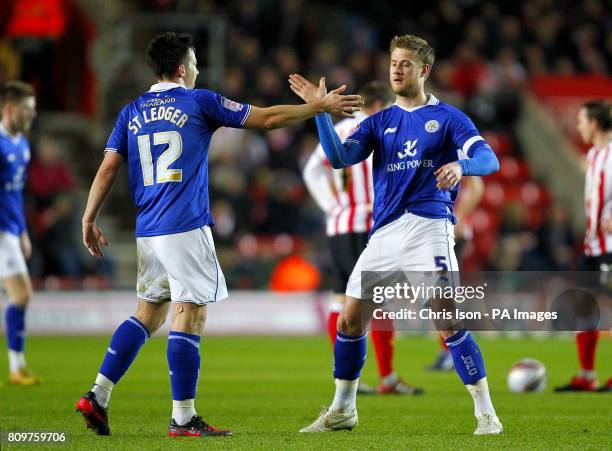 Leicester City's Matt Mills celebrates with team mate Sean St. Ledger after scoring his side's second goal of the game