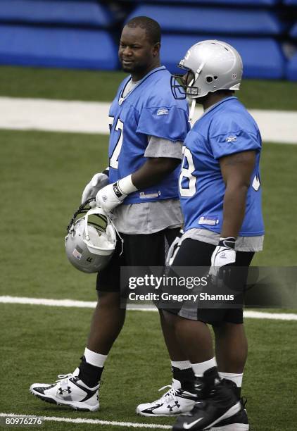 Gosder Cherilus of the Detroit Lions looks on during rookie training camp at the Detroit Lions Headquarters and Training Facility on May 3, 2008 in...