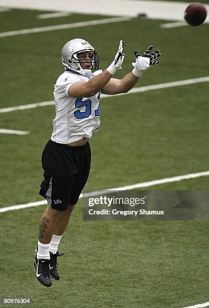 Jordan Dizon of the Detroit Lions catches a pass during rookie training camp at the Detroit Lions Headquarters and Training Facility on May 3, 2008...