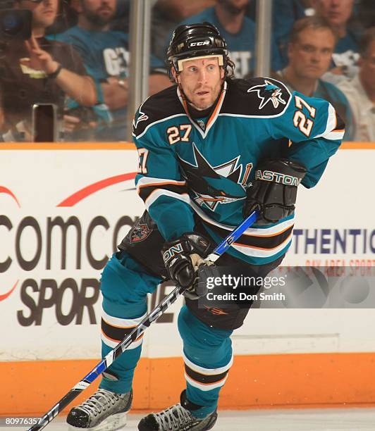 Jeremy Roenick of the San Jose Sharks skates during game two of the 2008 NHL Stanley Cup Playoffs conference quarter-final series against the Dallas...