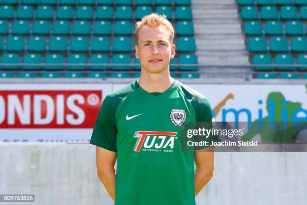 Simon Scherder of Preussen Muenster poses during the official team presentation of Preussen Muenster at Preussen Stadion on July 6, 2017 in Muenster,...