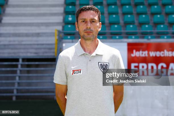 2nd Coach Sven Kmetsch of Preussen Muenster poses during the official team presentation of Preussen Muenster at Preussen Stadion on July 6, 2017 in...