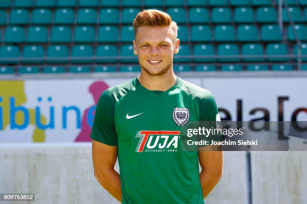 Lion Schweers of Preussen Muenster poses during the official team presentation of Preussen Muenster at Preussen Stadion on July 6, 2017 in Muenster,...