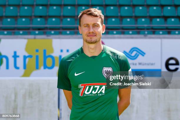 Benjamin Schwarz of Preussen Muenster poses during the official team presentation of Preussen Muenster at Preussen Stadion on July 6, 2017 in...