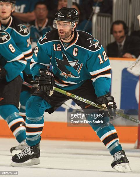 Patrick Marleau of the San Jose Sharks plays defense during game two of the 2008 NHL Stanley Cup Playoffs conference quarter-final series against the...