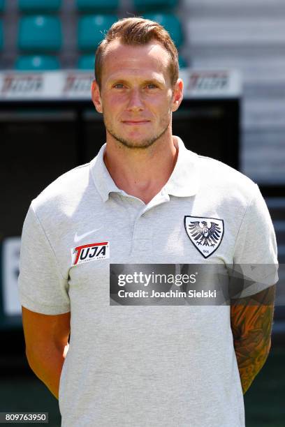 Christian Krabbe of Preussen Muenster poses during the official team presentation of Preussen Muenster at Preussen Stadion on July 6, 2017 in...