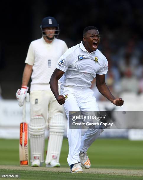 Kagiso Rabada of South Africa celebrates dismissing Ben Stokes of England during day one of 1st Investec Test match between England and South Africa...