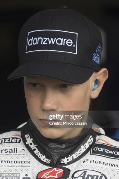 Moto3 2017 n. 04 Patrick Pulkkinen of Finland and Peugeot MC Saxoprint looks on at Sachsenring Circuit on July 5, 2017 in Hohenstein-Ernstthal,...