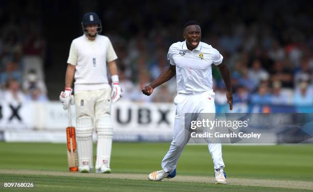 Kagiso Rabada of South Africa celebrates dismissing Ben Stokes of England during day one of 1st Investec Test match between England and South Africa...