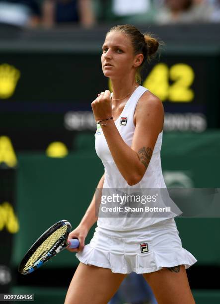 Kristyna Pliskova of the Czech Republic celebrates during the Ladies Singles second round match against Magdalena Rybarikova of Slovakia on day four...