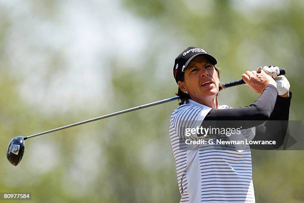 Juli Inkster hits a tee shot on the 12th hole during the third round of the SemGroup Championship presented by John Q. Hammons on May 3, 2008 at...