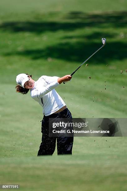 Ji Young Oh of South Korea plays onto the green on the 9th hole during the third round of the SemGroup Championship presented by John Q. Hammons on...