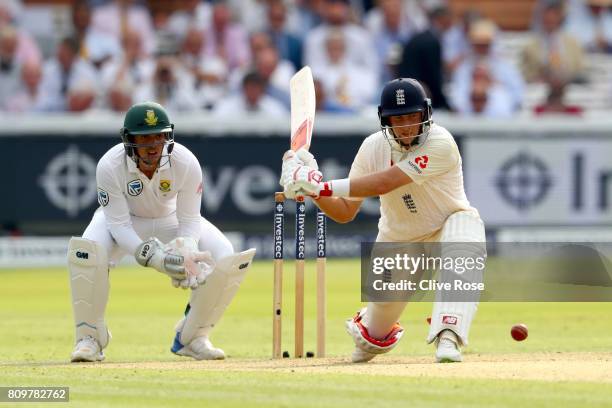 Joe Root of England in action during day one of the 1st Investec Test match between England and South Africa at Lord's Cricket Ground on July 6, 2017...
