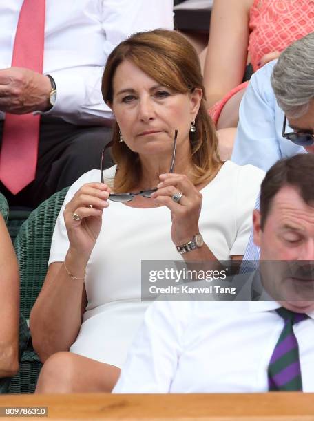 Carole Middleton attends day four of the Wimbledon Tennis Championships at the All England Lawn Tennis and Croquet Club on July 6, 2017 in London,...