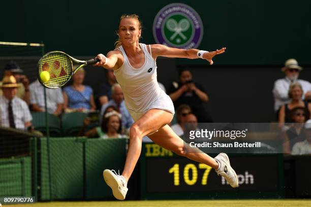 Magdalena Rybarikova of Slovakia plays a forehand during the Ladies Singles second round match against Kristyna Pliskova of the Czech Republic on day...