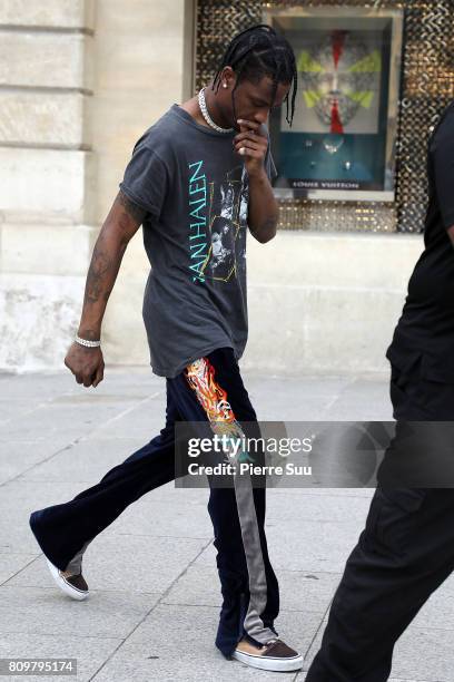 Travis Scott is seen leaving a Cartier store during Paris Fashion Week - Haute Couture Fall/Winter 2017-2018 on July 6, 2017 in Paris, France.