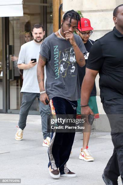 Travis Scott is seen leaving a Cartier store during Paris Fashion Week - Haute Couture Fall/Winter 2017-2018 on July 6, 2017 in Paris, France.