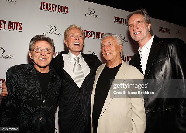 Singer Frankie Valli, producer Bob Crewe, singer Tommy Devito and singer Bob Gaudio arrive at the opening night celebration of the musical "Jersey...