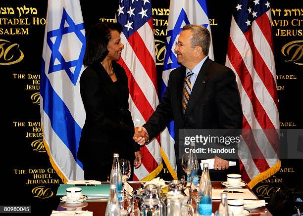 In this handout image provided by the U.S. Embassy in Tel Aviv, U.S. Secretary of State Condoleezza Rice meets with Israeli Defence Minister Ehud...