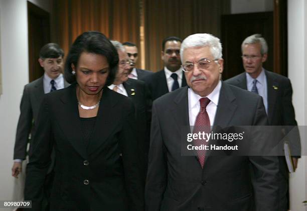 In this handout image provided by the Palestinian Press Office , U.S. Secretary of State Condoleezza Rice meets with Palestinian Presiden Mahmoud...