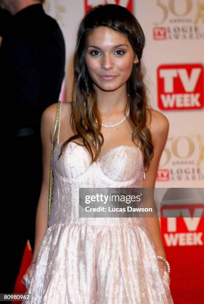 Actress Caitlin Stasey arrives on the red carpet at the 50th Annual TV Week Logie Awards at the Crown Towers Hotel and Casino on May 4, 2008 in...