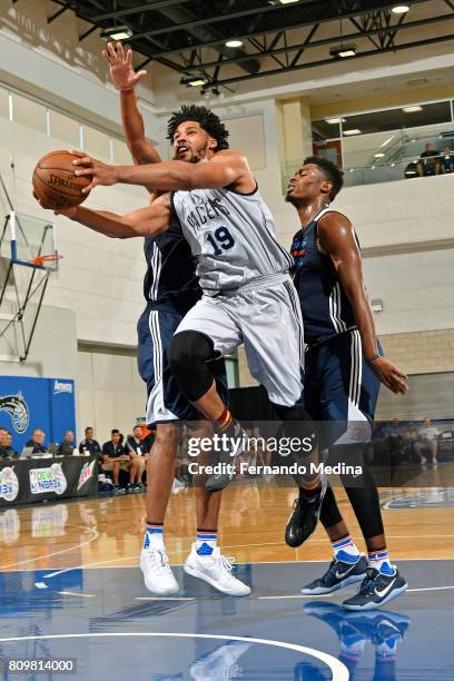 Jarnell Stokes of the Indiana Pacers drives to the basket against the Oklahoma City Thunder during the Mountain Dew Orlando Pro Summer League on July...